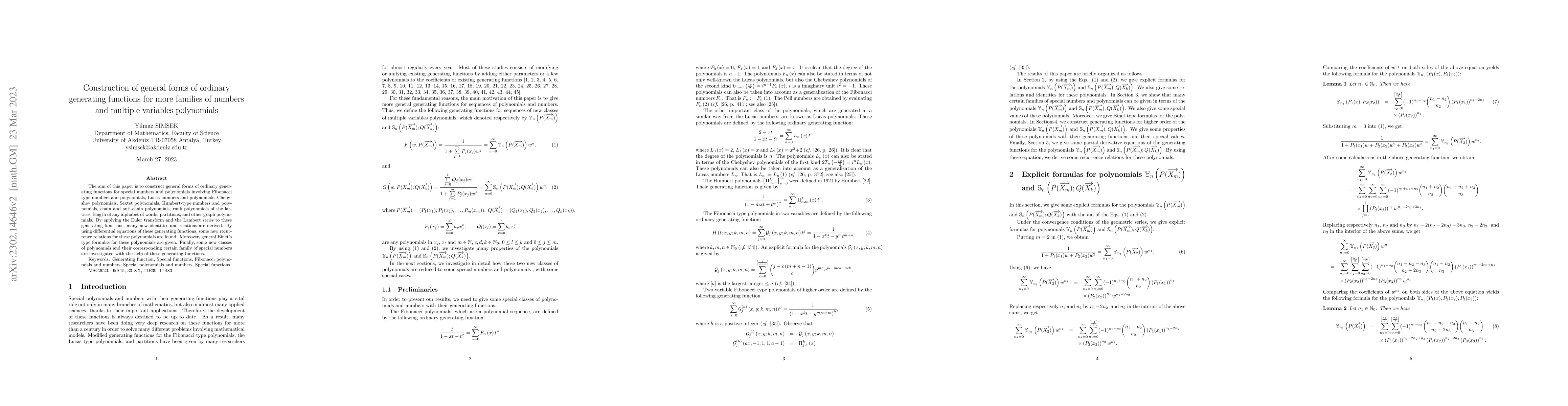 Thumbnail for Construction of general forms of ordinary generating functions for more
  families of numbers and multiple variables polynomials