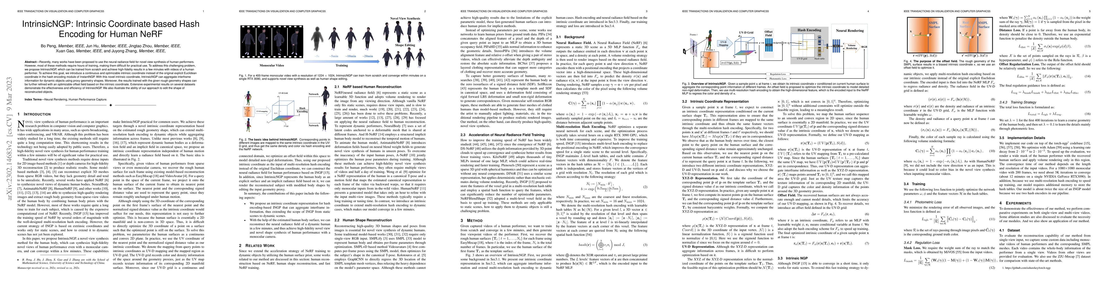 Thumbnail for IntrinsicNGP: Intrinsic Coordinate based Hash Encoding for Human NeRF