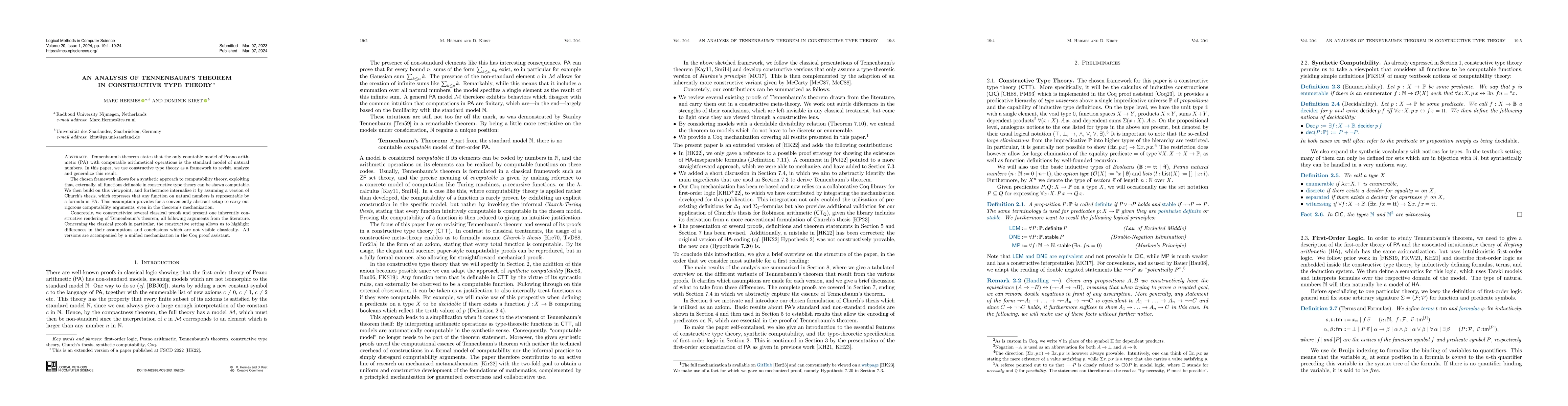 Thumbnail for An Analysis of Tennenbaum's Theorem in Constructive Type Theory