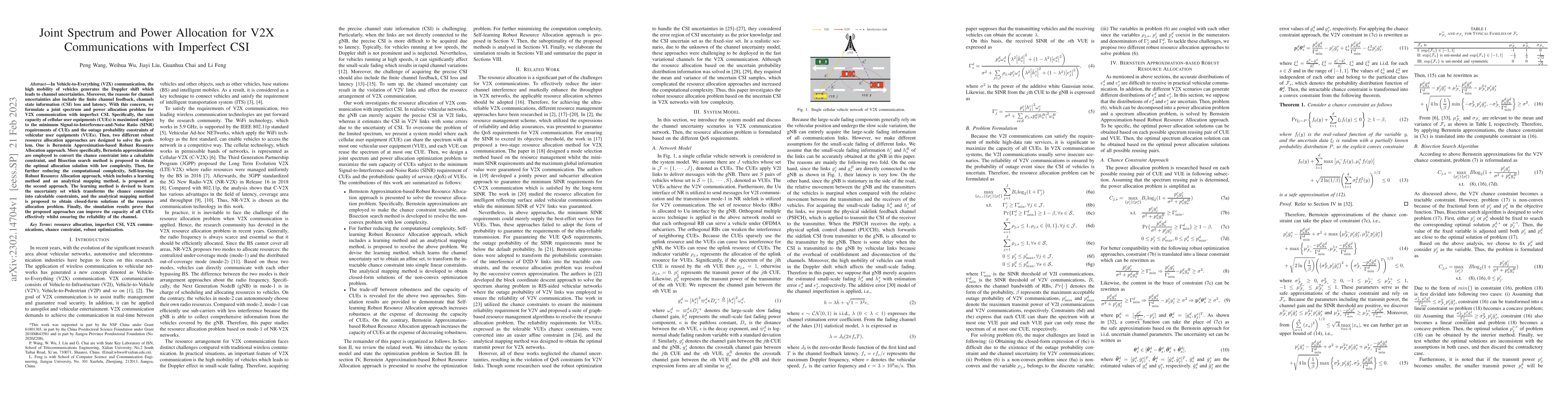 Thumbnail for Joint Spectrum and Power Allocation for V2X Communications with
  Imperfect CSI