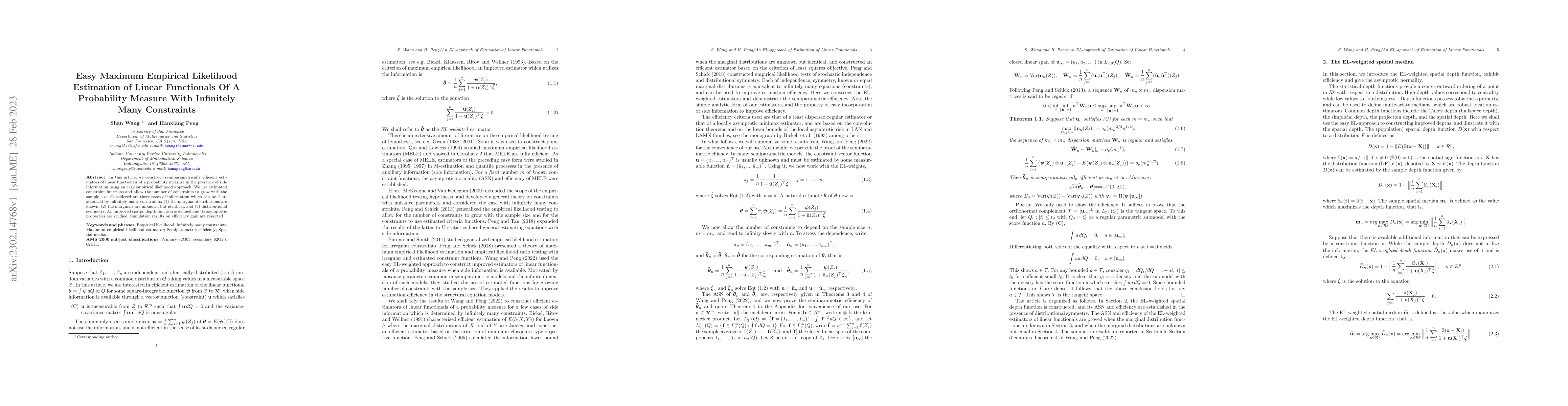 Thumbnail for Easy Maximum Empirical Likelihood Estimation of Linear Functionals Of A
  Probability Measure With Infinitely Many Constraints