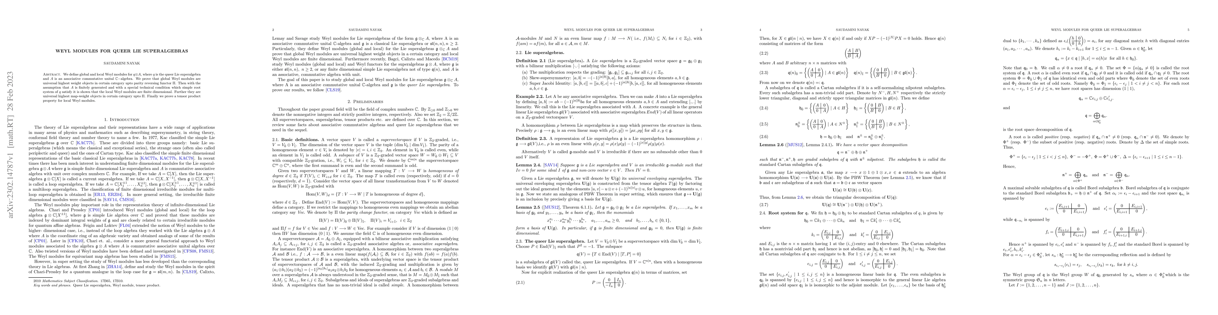 Thumbnail for Weyl modules for queer Lie superalgebras