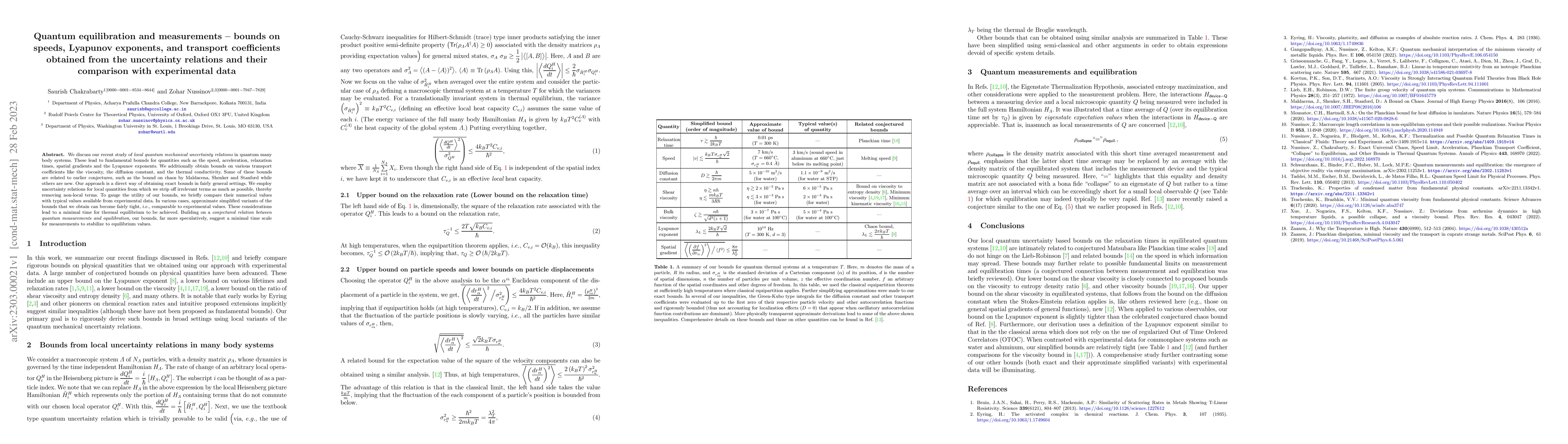 Thumbnail for Quantum equilibration and measurements -- bounds on speeds, Lyapunov
  exponents, and transport coefficients obtained from the uncertainty relations
  and their comparison with experimental data