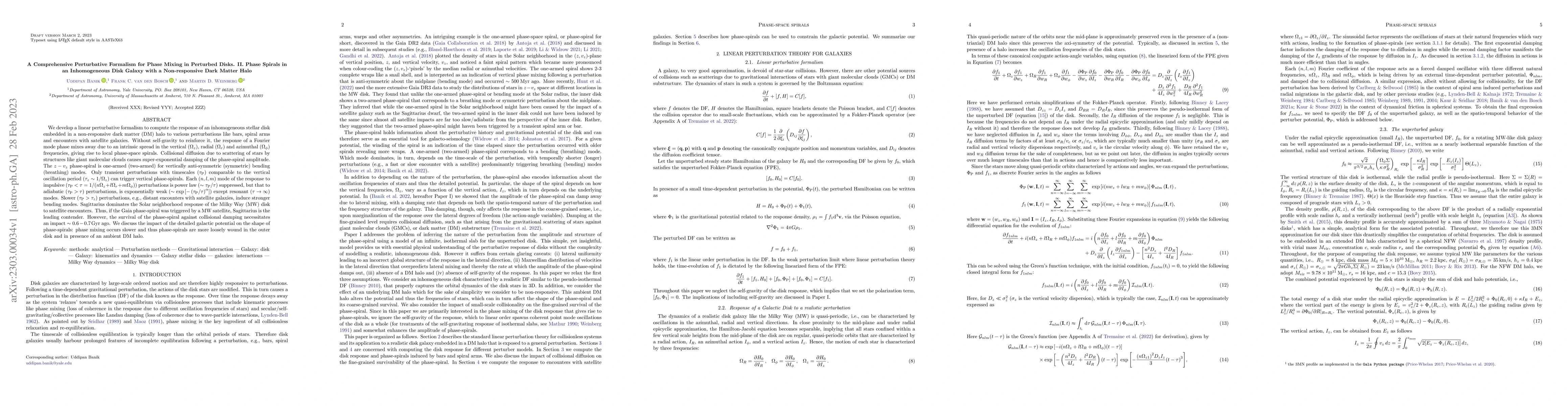 Thumbnail for A Comprehensive Perturbative Formalism for Phase Mixing in Perturbed
  Disks. II. Phase Spirals in an Inhomogeneous Disk Galaxy with a
  Non-responsive Dark Matter Halo