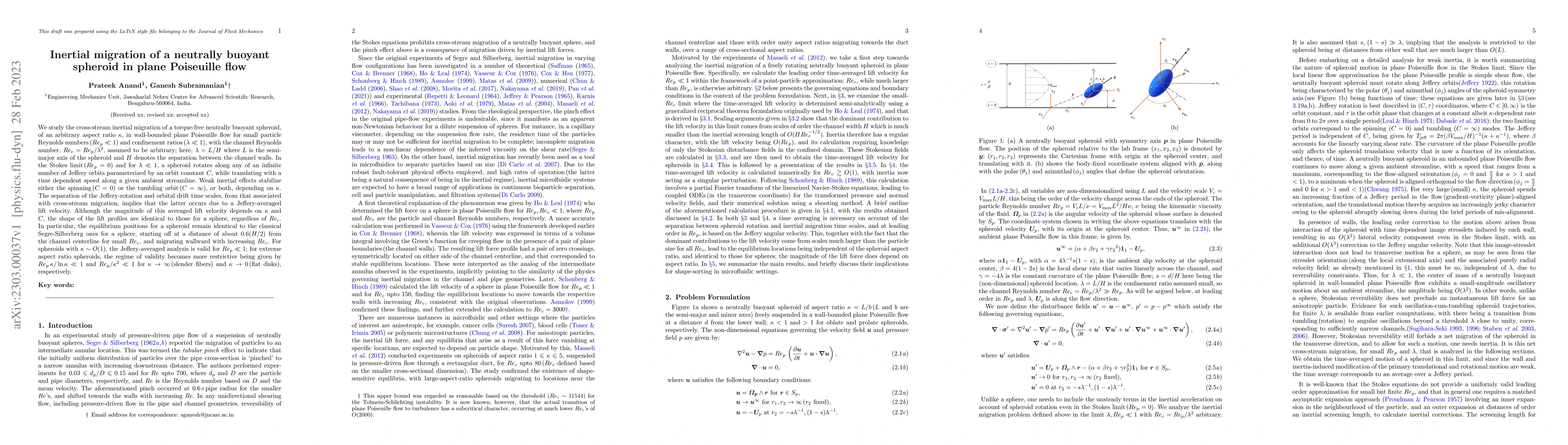 Thumbnail for Inertial migration of a neutrally buoyant spheroid in plane Poiseuille
  flow