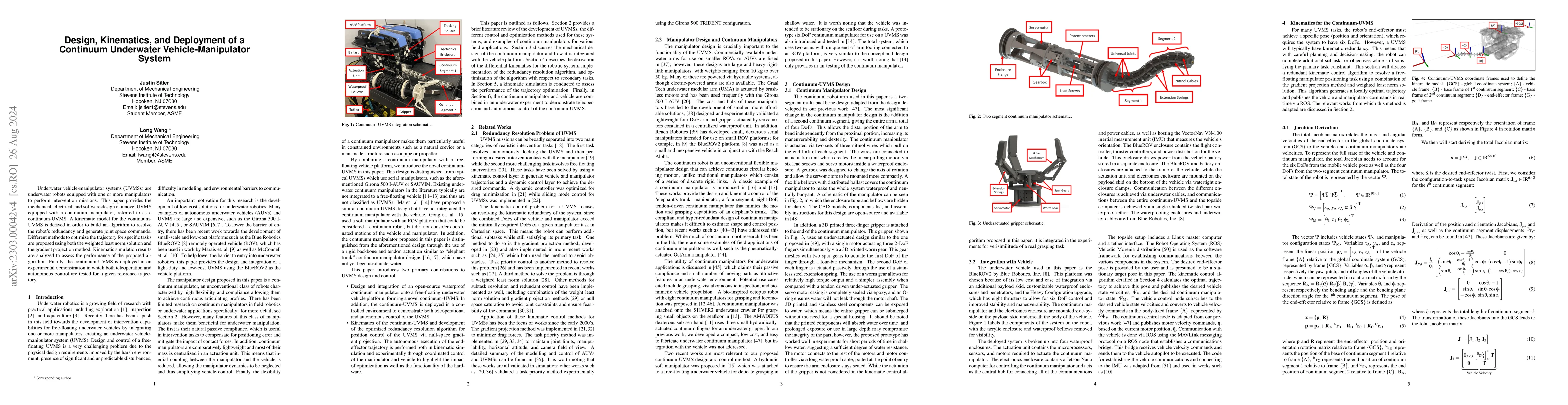 Thumbnail for Design, Kinematics, and Deployment of a Continuum Underwater
  Vehicle-Manipulator System