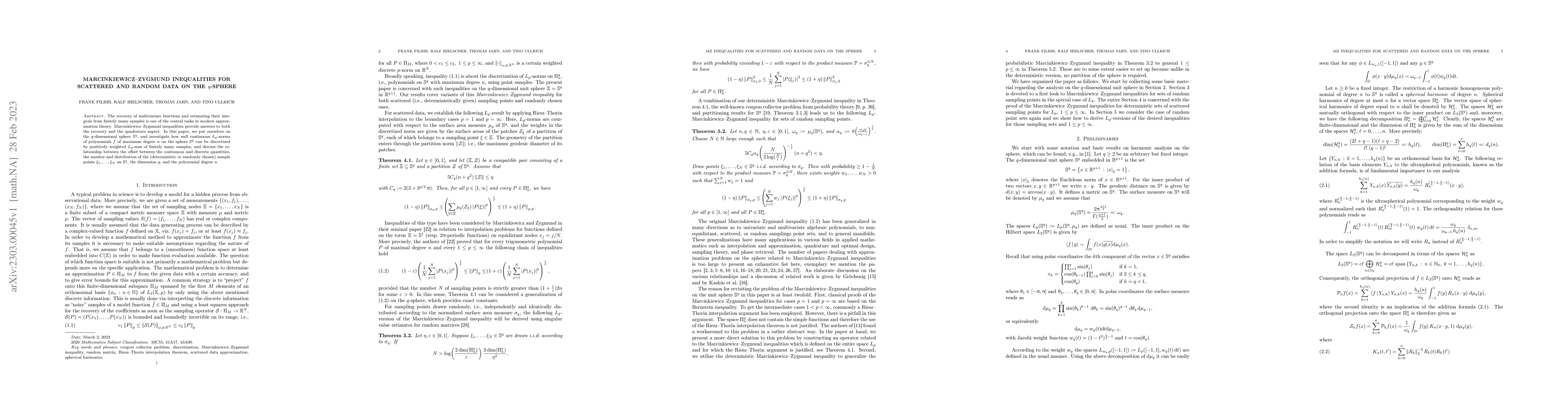 Thumbnail for Marcinkiewicz--Zygmund inequalities for scattered and random data on the
  $q$-sphere