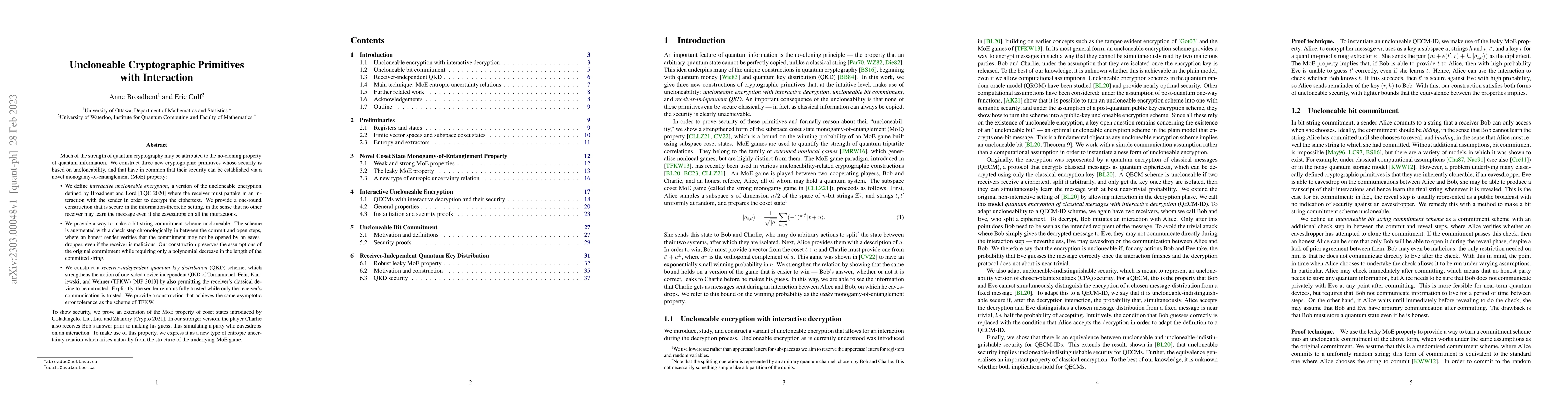 Thumbnail for Uncloneable Cryptographic Primitives with Interaction
