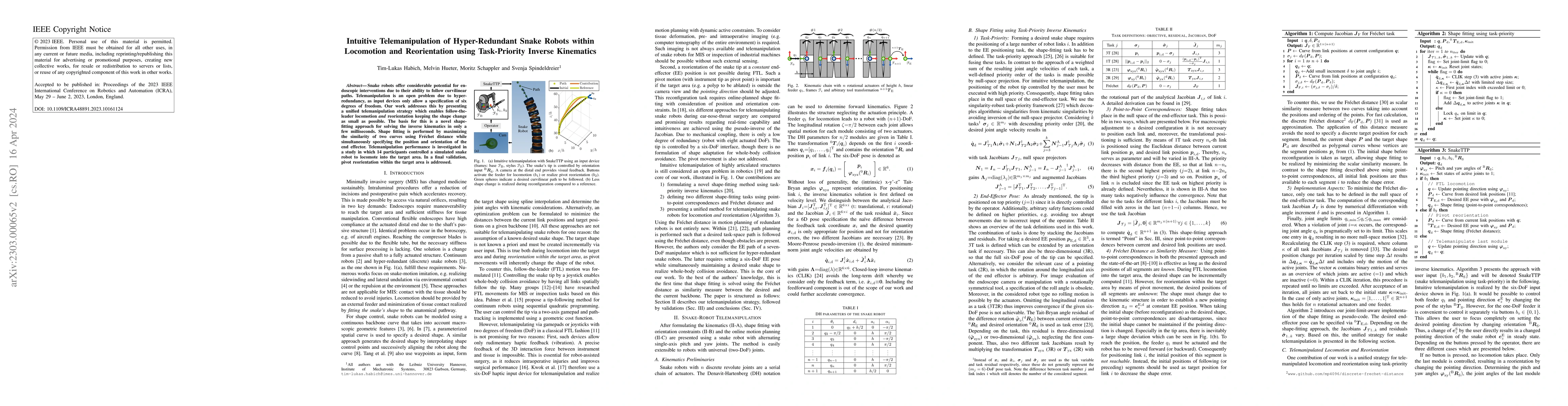 Thumbnail for Intuitive Telemanipulation of Hyper-Redundant Snake Robots within
  Locomotion and Reorientation using Task-Priority Inverse Kinematics