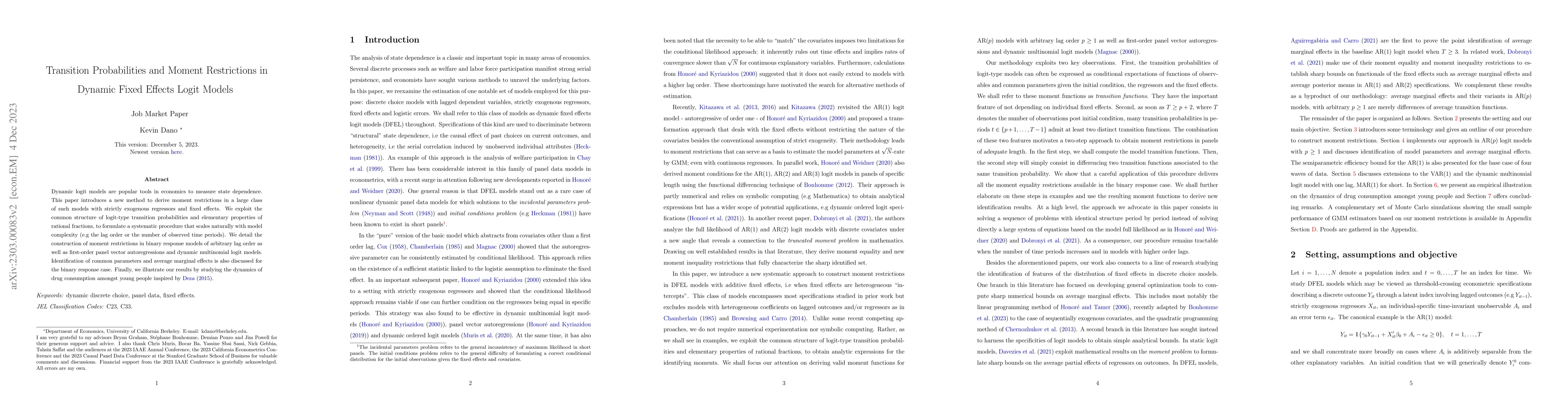Thumbnail for Transition Probabilities and Moment Restrictions in Dynamic Fixed
  Effects Logit Models