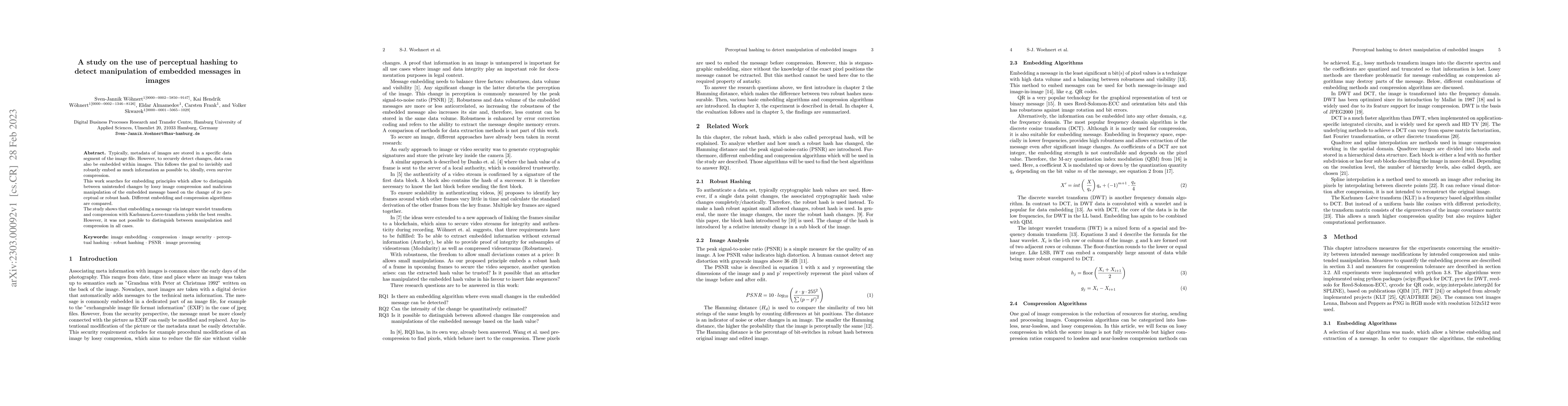 Thumbnail for A study on the use of perceptual hashing to detect manipulation of
  embedded messages in images