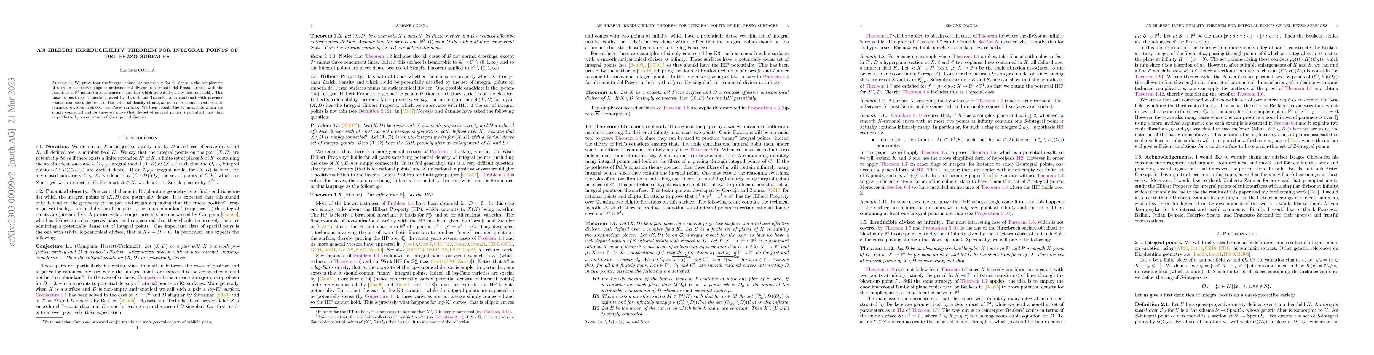 Thumbnail for An Hilbert Irreducibility Theorem for integral points of del Pezzo
  surfaces