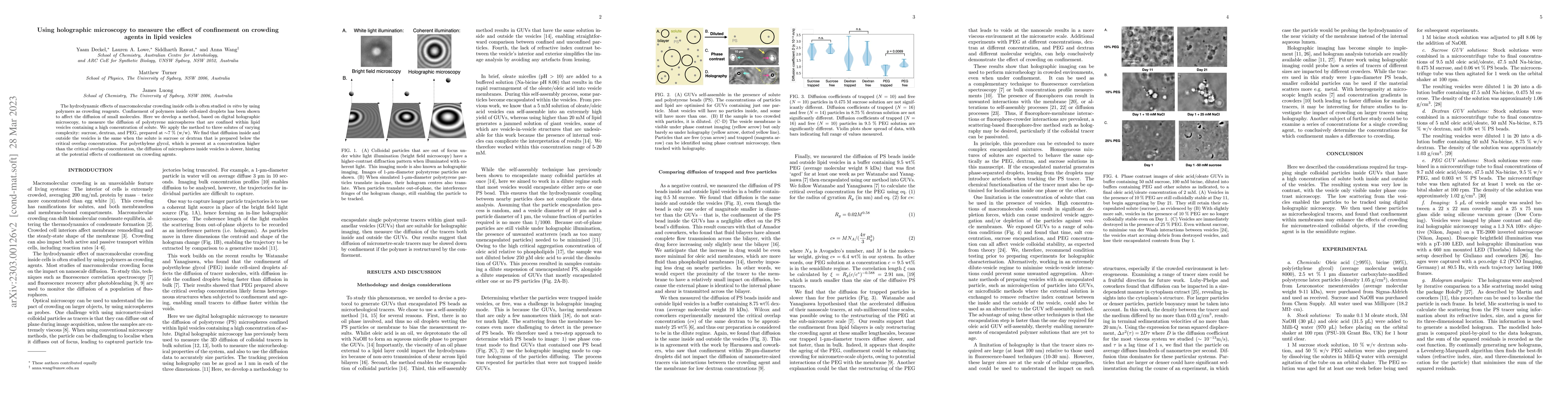 Thumbnail for Using holographic microscopy to measure the effect of confinement on
  crowding agents in lipid vesicles