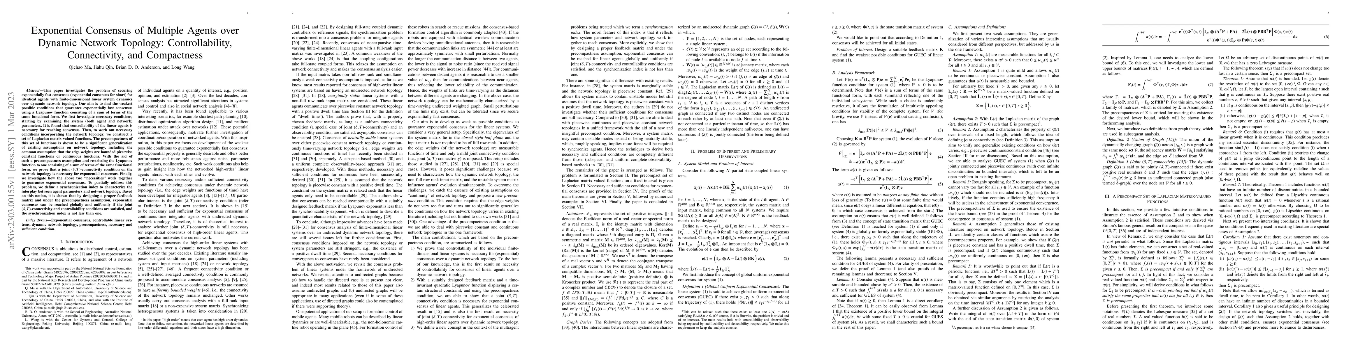 Thumbnail for Exponential Consensus of Multiple Agents over Dynamic Network Topology:
  Controllability, Connectivity, and Compactness
