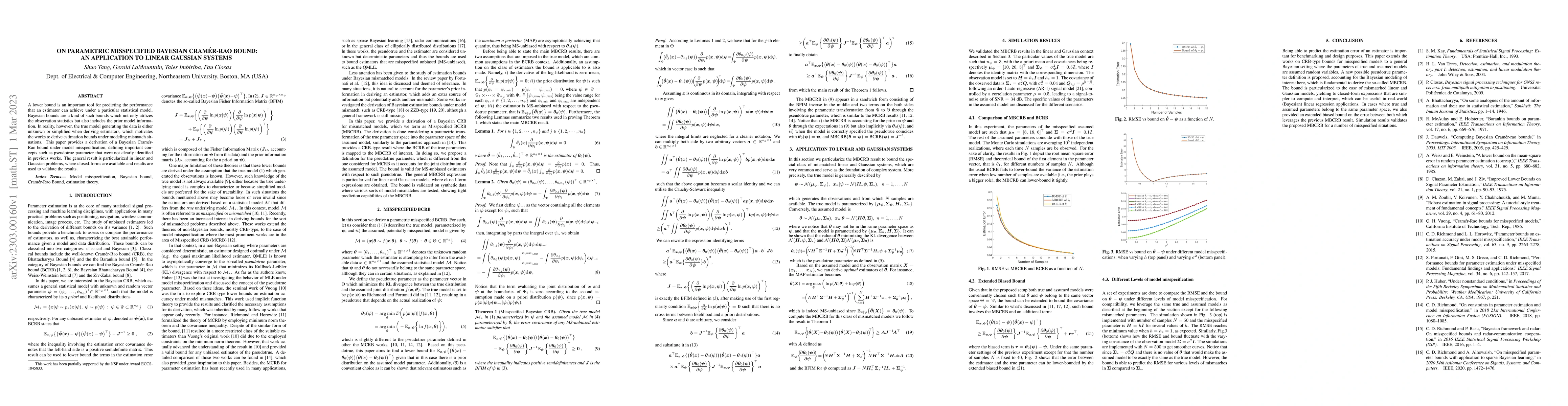 Thumbnail for On Parametric Misspecified Bayesian Cram\'{e}r-Rao bound: An application
  to linear Gaussian systems