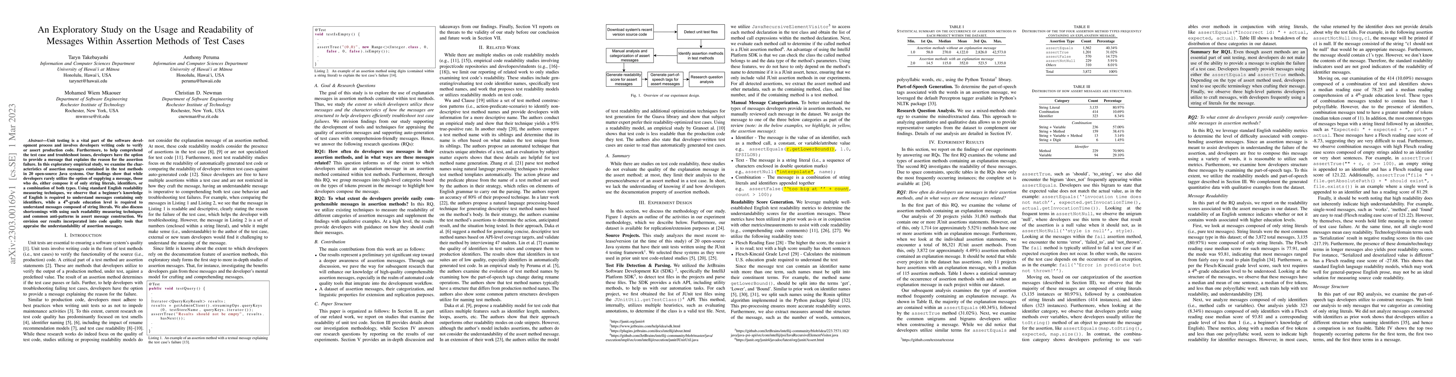Thumbnail for An Exploratory Study on the Usage and Readability of Messages Within
  Assertion Methods of Test Cases