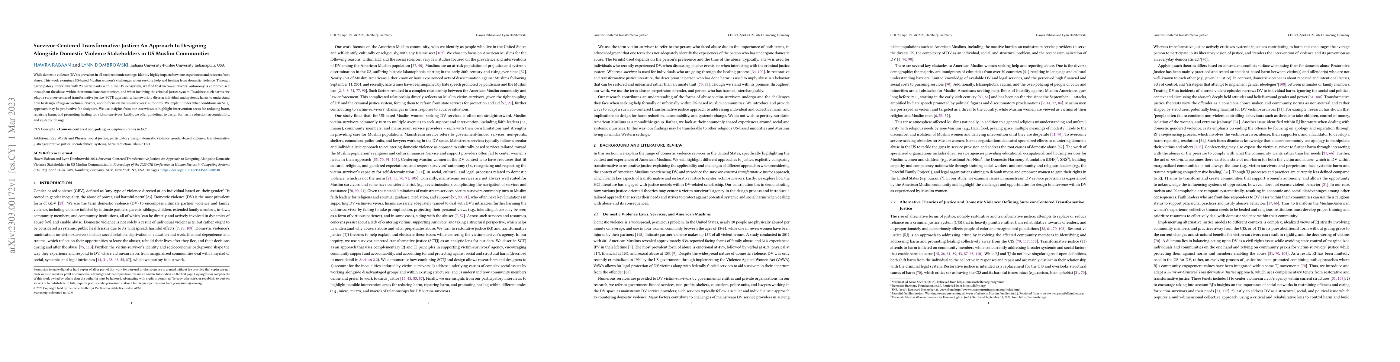 Thumbnail for Survivor-Centered Transformative Justice: An Approach to Designing
  Alongside Domestic Violence Stakeholders in US Muslim Communities