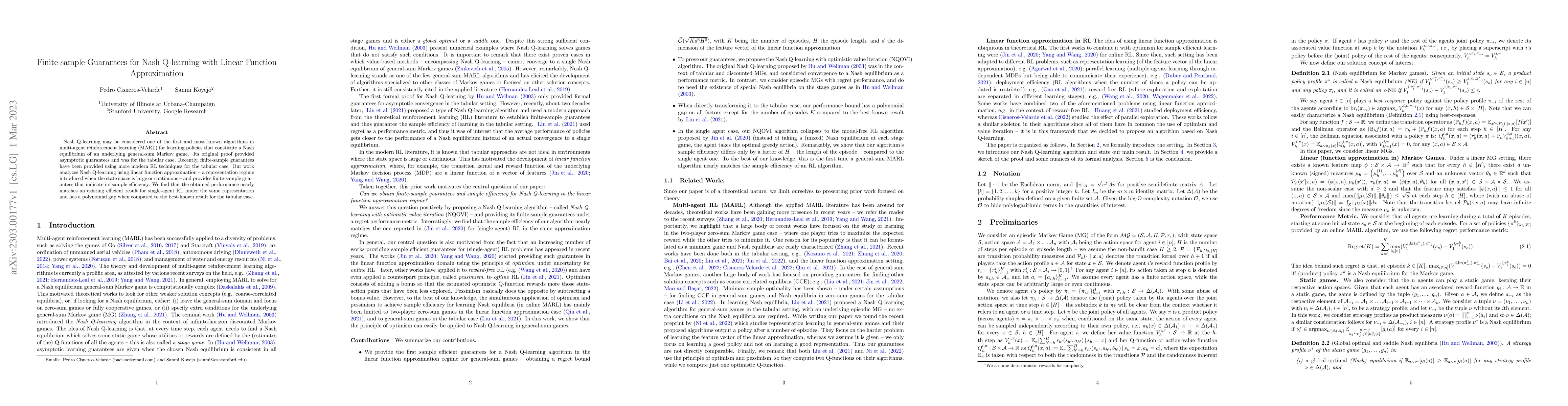 Thumbnail for Finite-sample Guarantees for Nash Q-learning with Linear Function
  Approximation