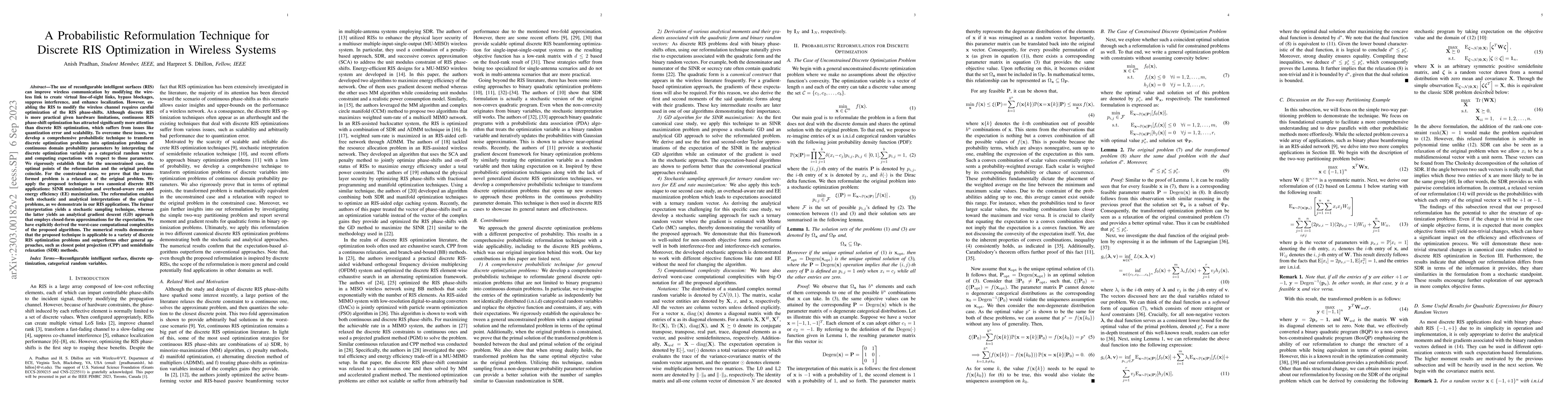 Thumbnail for A Probabilistic Reformulation Technique for Discrete RIS Optimization in
  Wireless Systems
