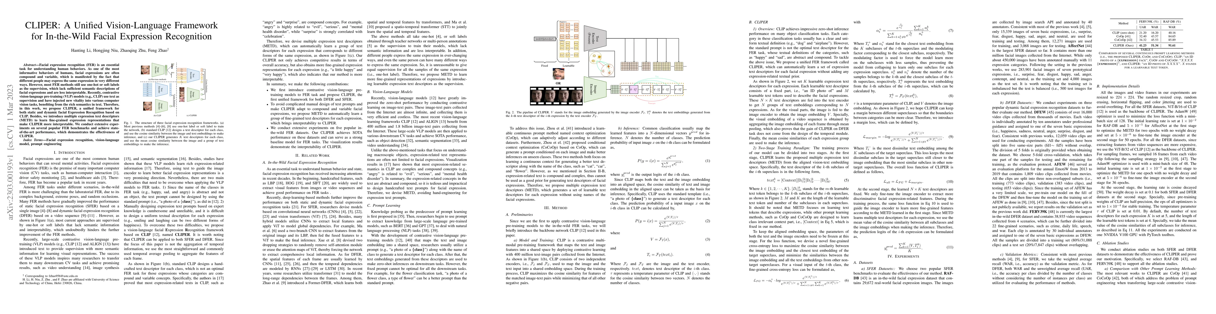 Thumbnail for CLIPER: A Unified Vision-Language Framework for In-the-Wild Facial
  Expression Recognition