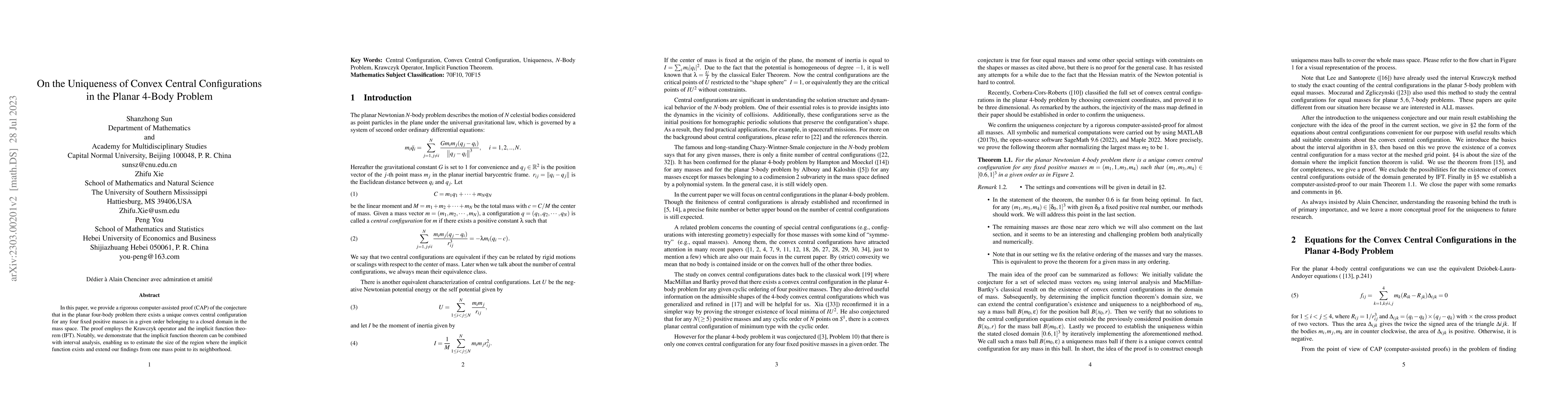 Thumbnail for On the Uniqueness of Convex Central Configurations in the Planar
  $4$-Body Problem