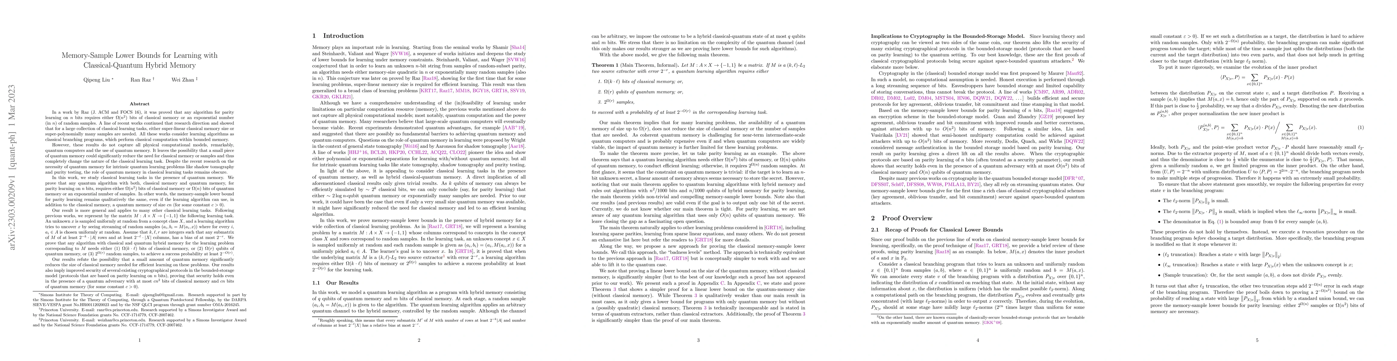 Thumbnail for Memory-Sample Lower Bounds for Learning with Classical-Quantum Hybrid
  Memory