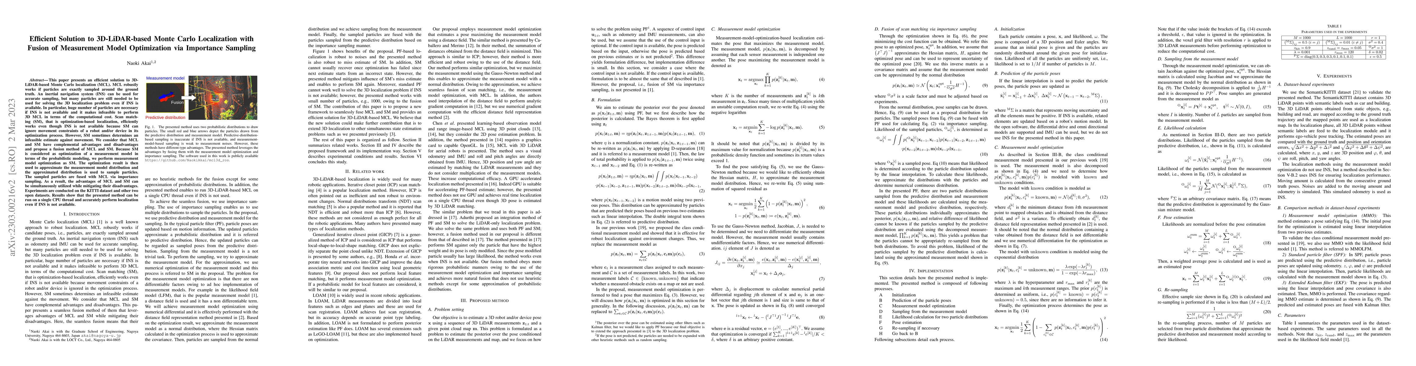 Thumbnail for Efficient Solution to 3D-LiDAR-based Monte Carlo Localization with
  Fusion of Measurement Model Optimization via Importance Sampling