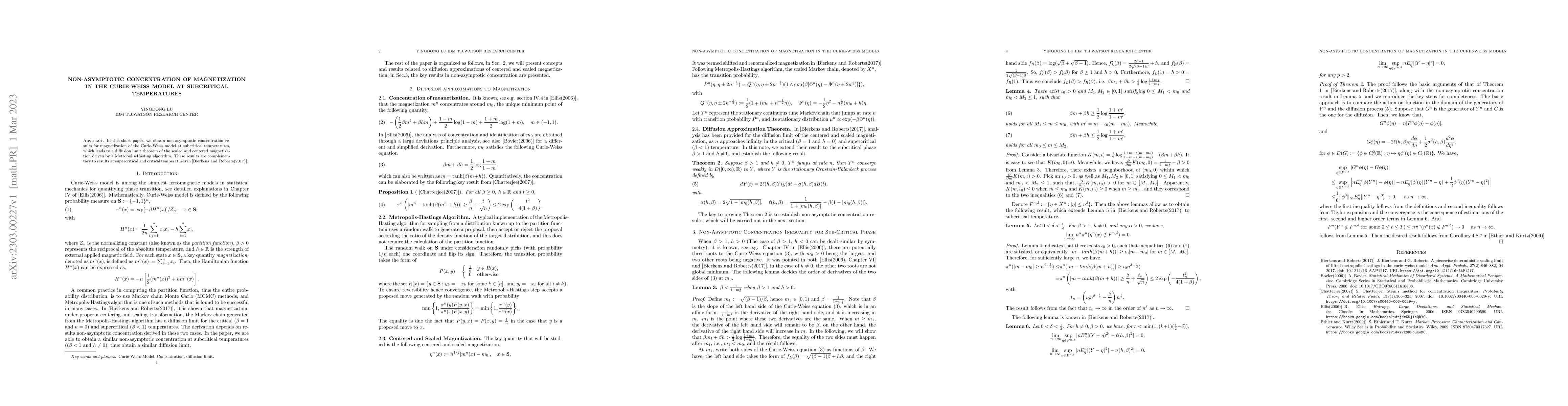 Thumbnail for Non-Asymptotic Concentration of Magnetization in the Curie-Weiss Model
  at Subcritical Temperatures