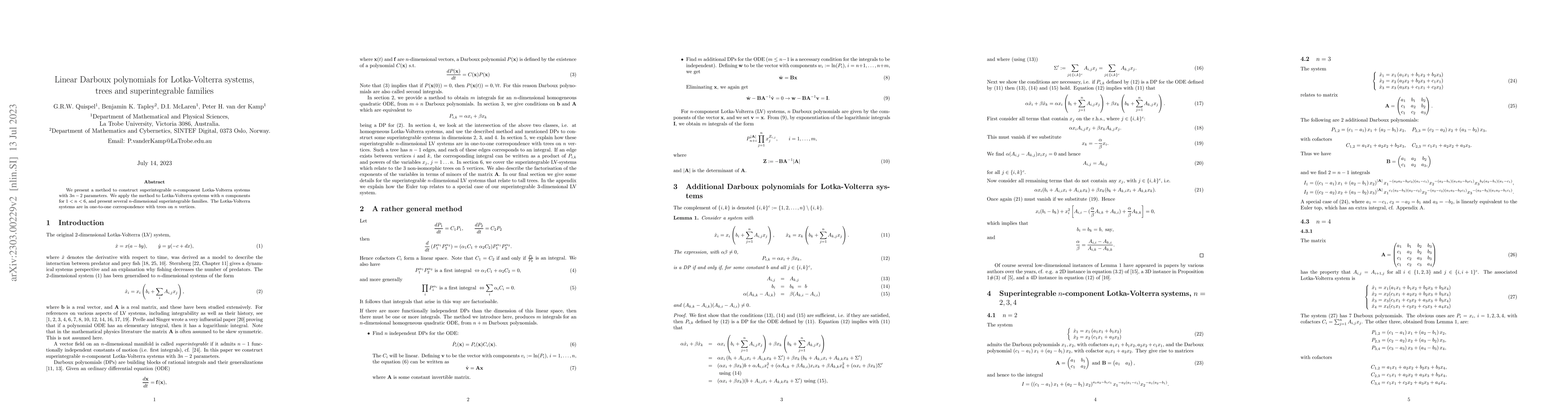 Thumbnail for Linear Darboux polynomials for Lotka-Volterra systems, trees and
  superintegrable families