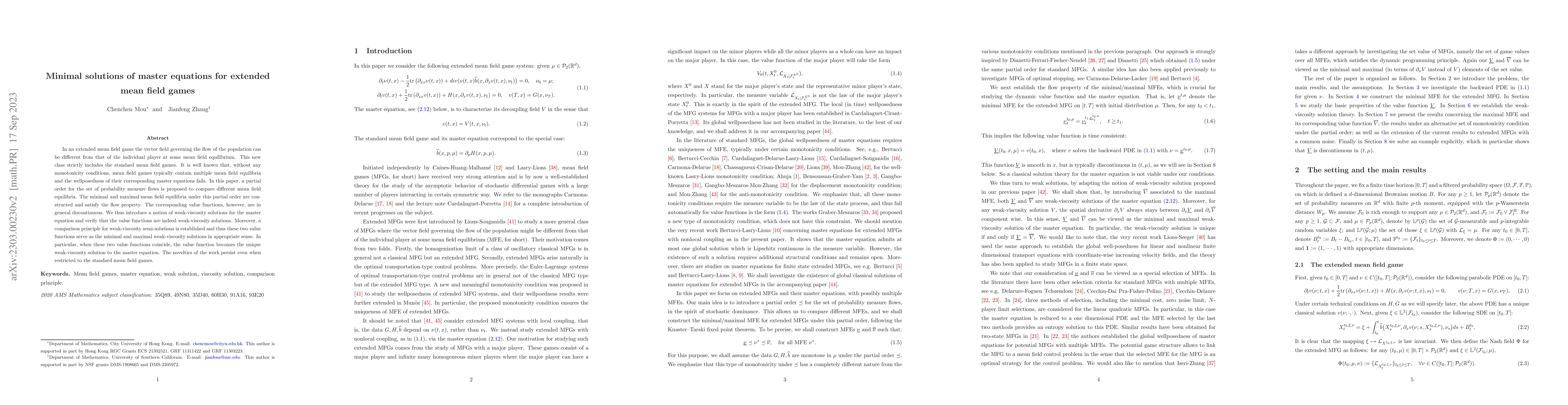 Thumbnail for Minimal solutions of master equations for extended mean field games