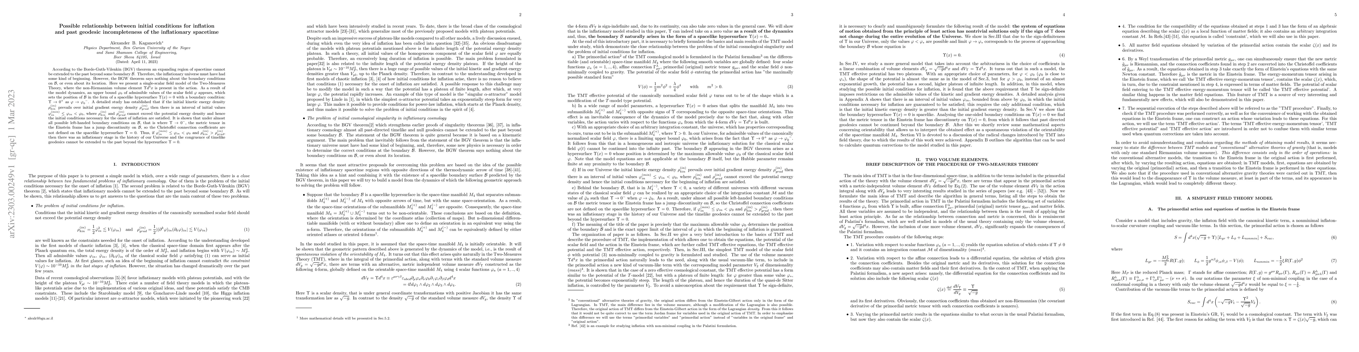 Thumbnail for Possible relationship between initial conditions for inflation and past
  geodesic incompleteness of the inflationary spacetime