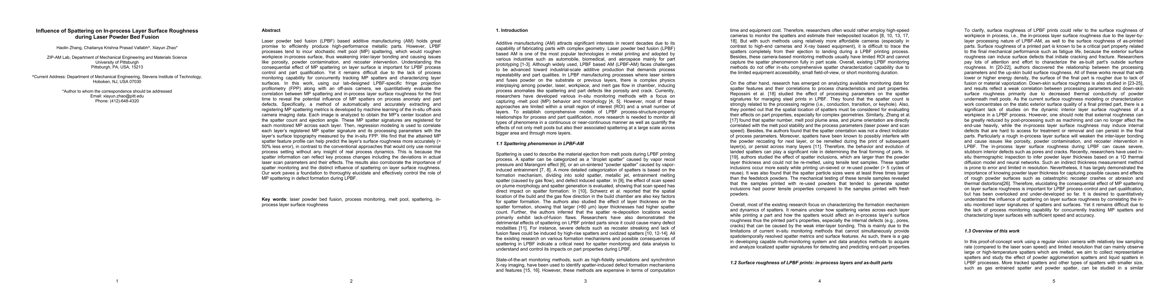 Thumbnail for Influence of Spattering on In-process Layer Surface Roughness during
  Laser Powder Bed Fusion
