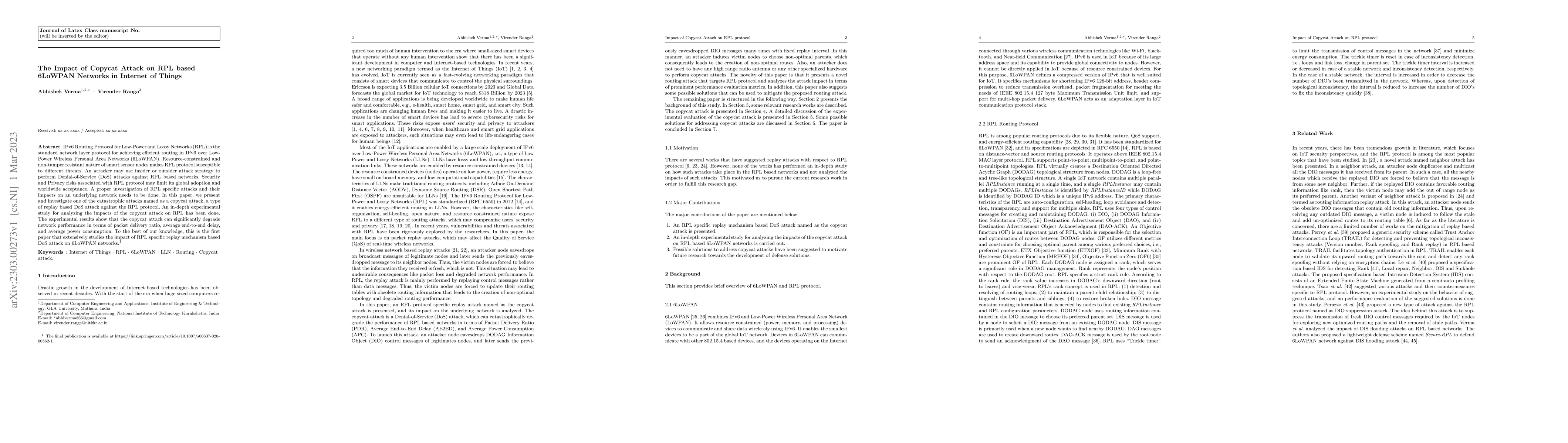 Thumbnail for The impact of copycat attack on RPL based 6LoWPAN networks in Internet
  of Things