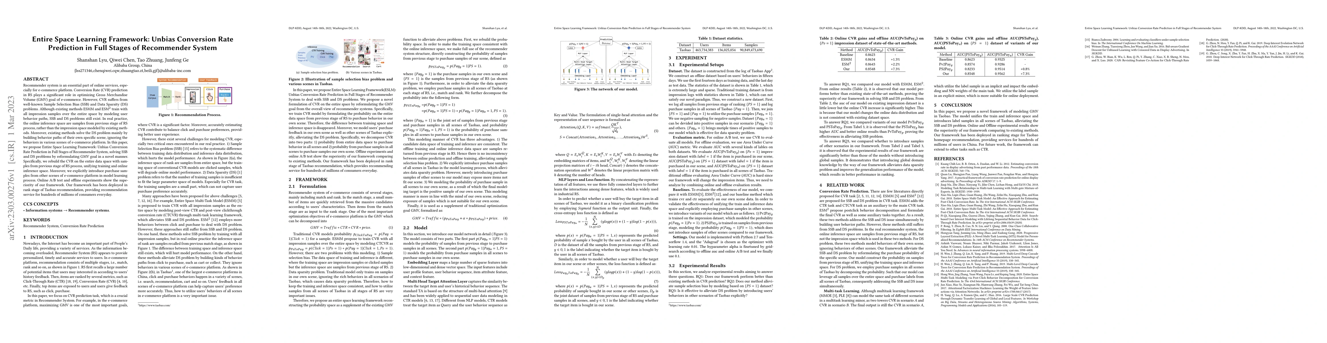 Thumbnail for Entire Space Learning Framework: Unbias Conversion Rate Prediction in
  Full Stages of Recommender System