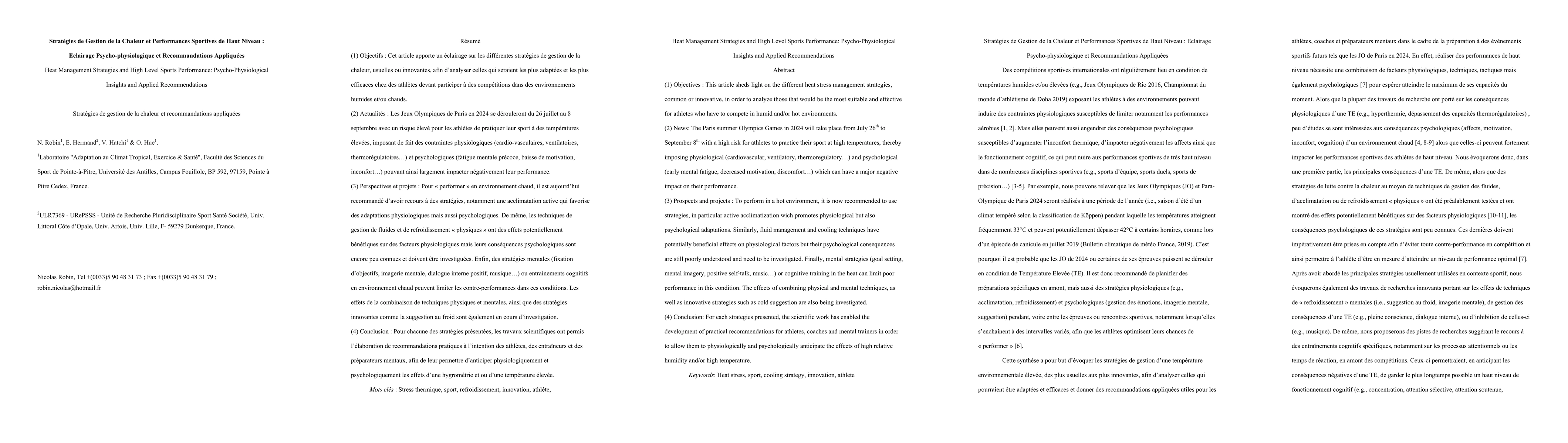 Thumbnail for Strat{\'e}gies de gestion de la chaleur et performances sportives de
  haut niveau: {\'e}clairage psychophysiologique et recommandations
  appliqu{\'e}es