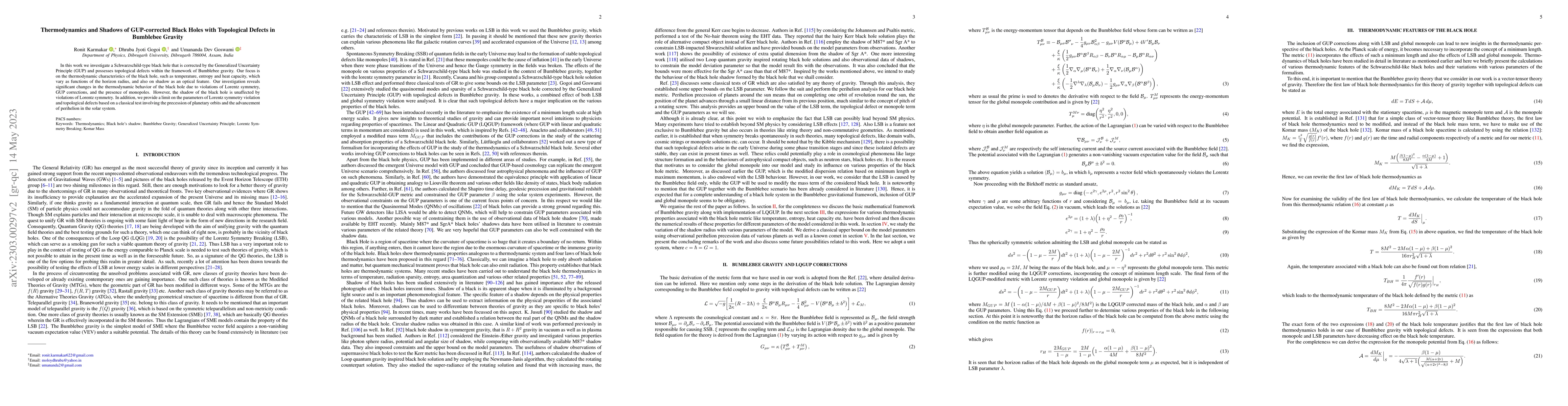 Thumbnail for Thermodynamics and Shadows of GUP-corrected Black Holes with Topological
  Defects in Bumblebee Gravity