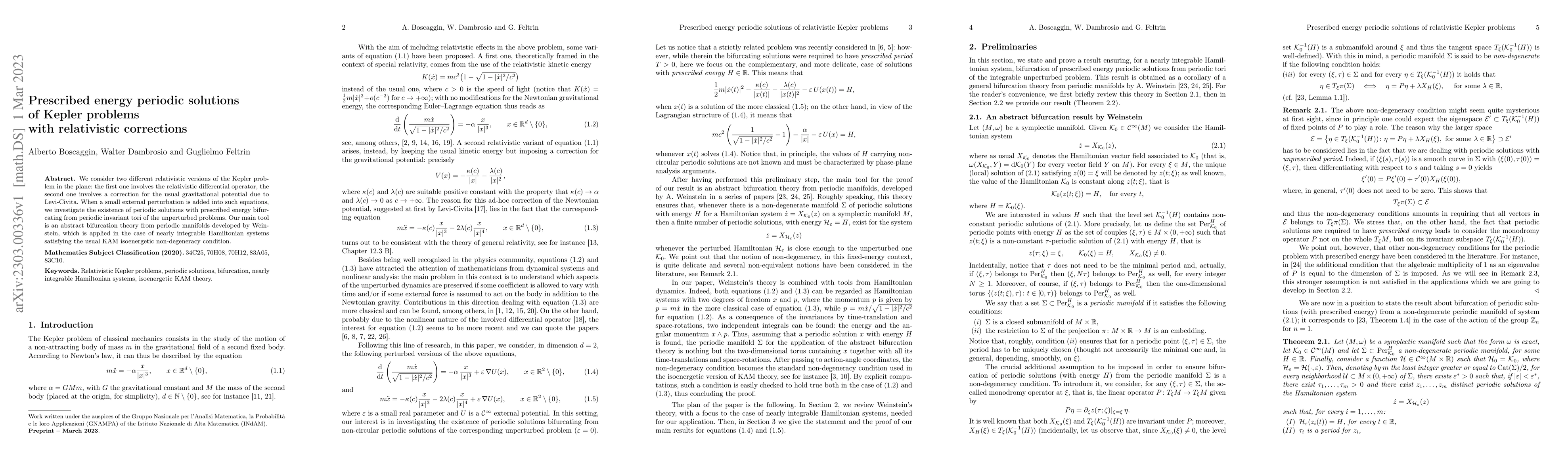 Thumbnail for Prescribed energy periodic solutions of Kepler problems with
  relativistic corrections