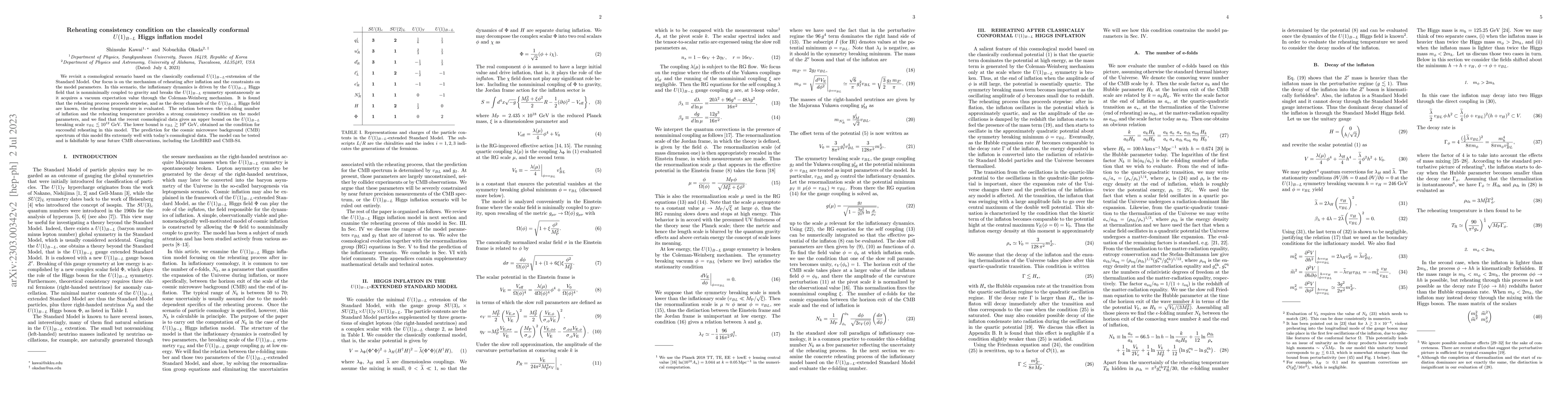 Thumbnail for Reheating consistency condition on the classically conformal
  $U(1)_{B-L}$ Higgs inflation model