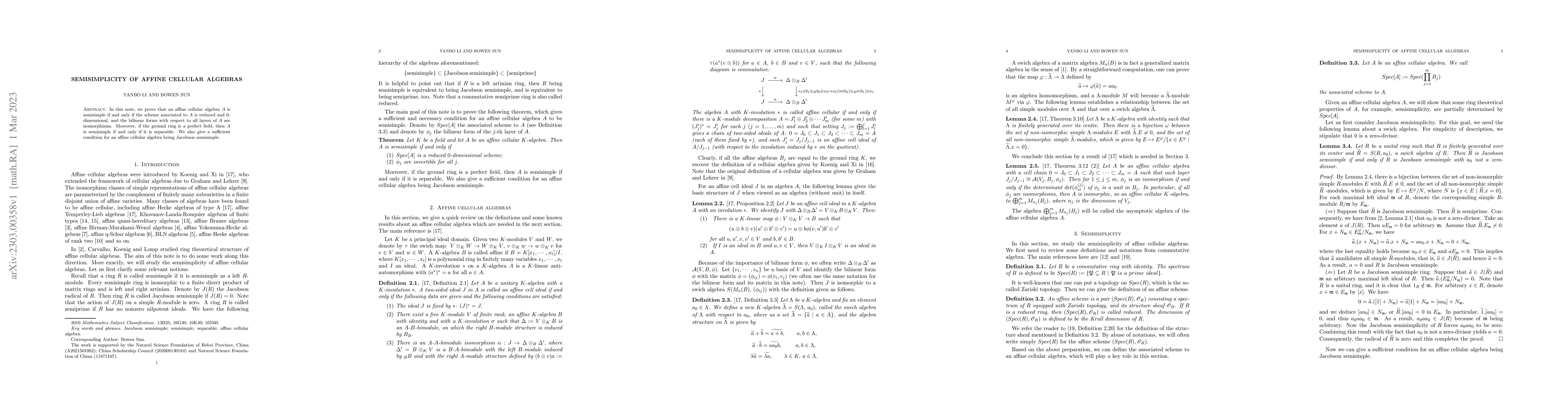 Thumbnail for Semisimplicity of affine cellular algebras