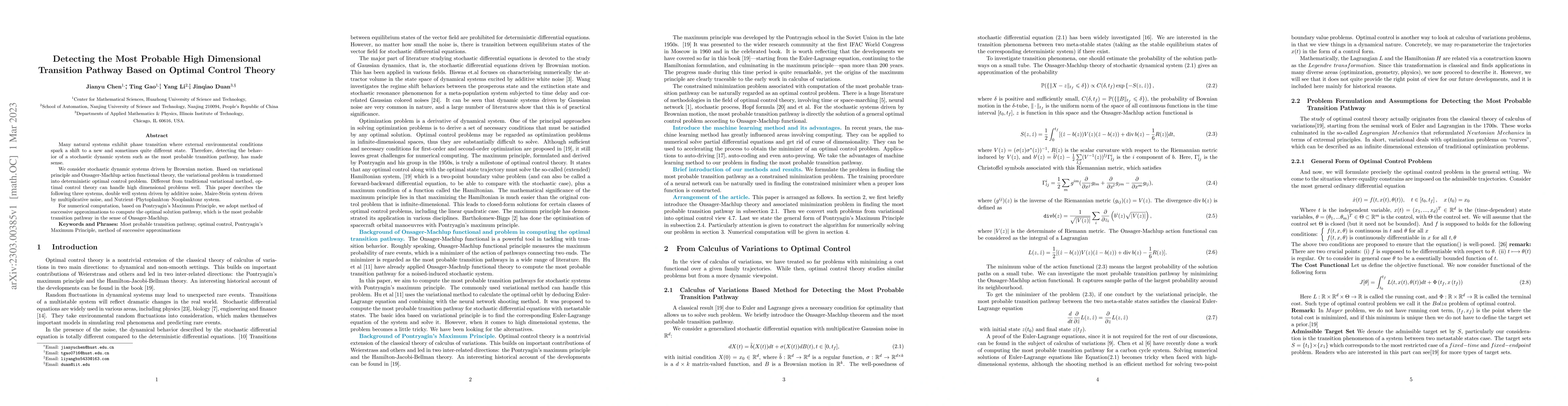 Thumbnail for Detecting the Most Probable High Dimensional Transition Pathway Based on
  Optimal Control Theory