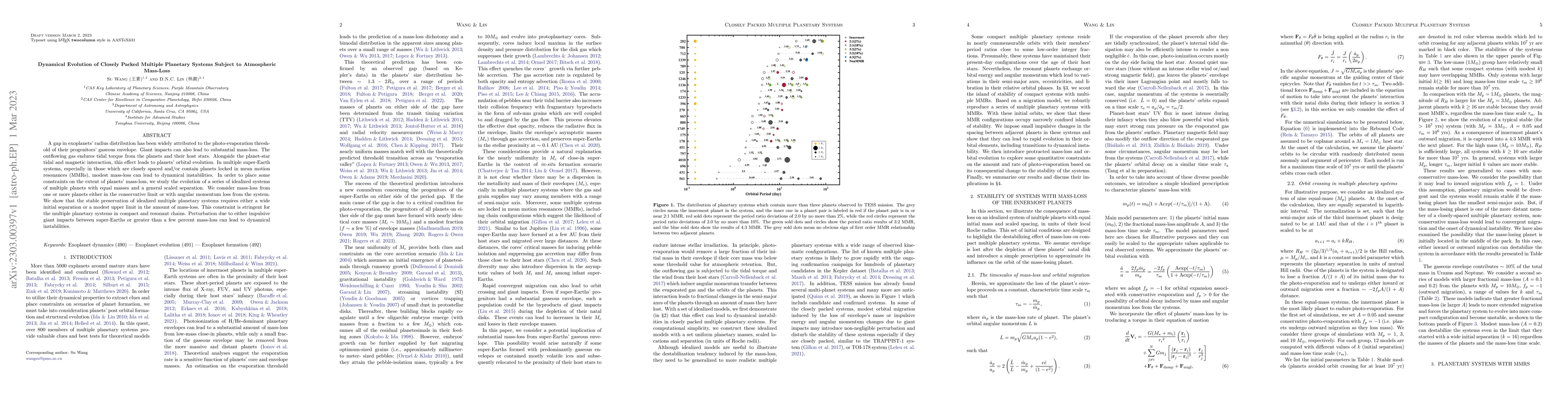 Thumbnail for Dynamical Evolution of Closely Packed Multiple Planetary Systems Subject
  to Atmospheric Mass-Loss