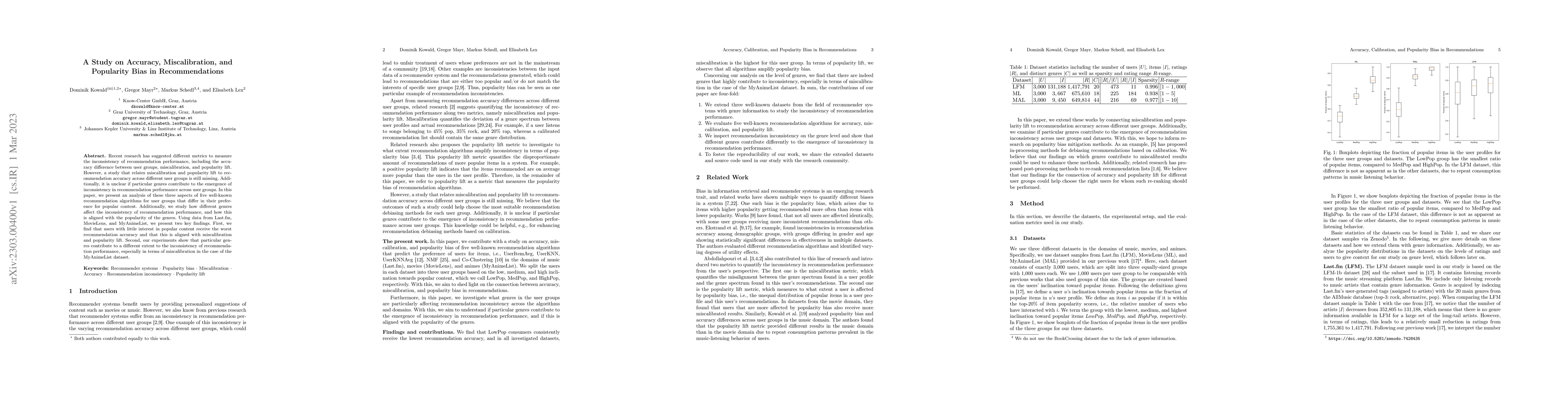 Thumbnail for A Study on Accuracy, Miscalibration, and Popularity Bias in
  Recommendations