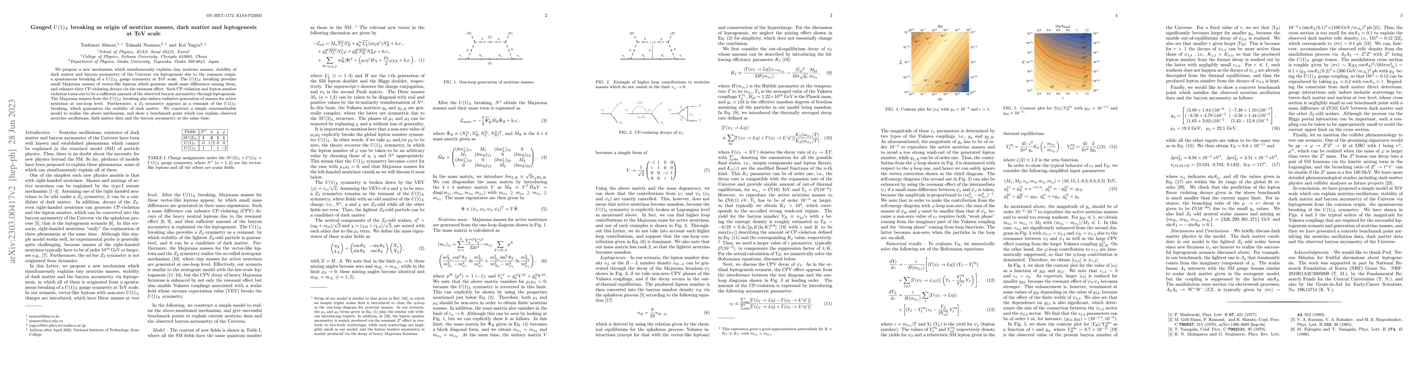 Thumbnail for Gauged $U(1)_X$ breaking as origin of neutrino masses, dark matter and
  leptogenesis at TeV scale
