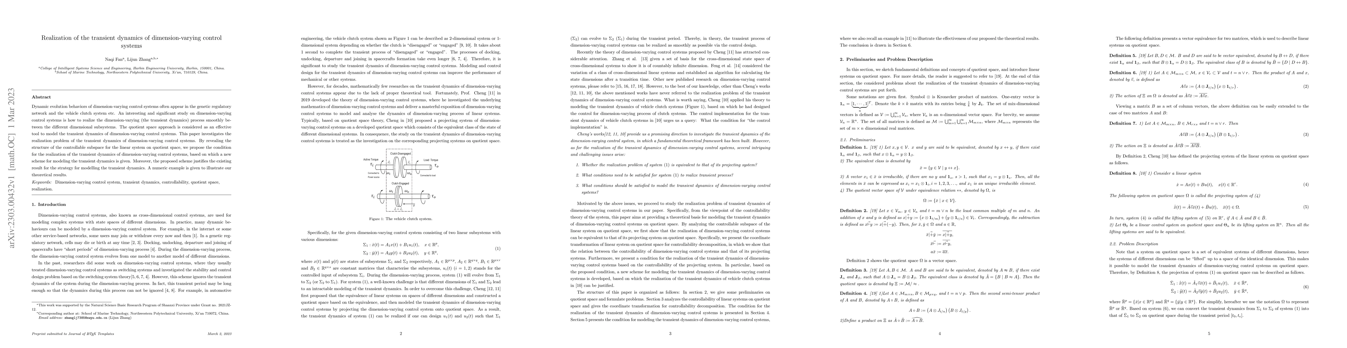 Thumbnail for Realization of the transient dynamics of dimension-varying control
  systems