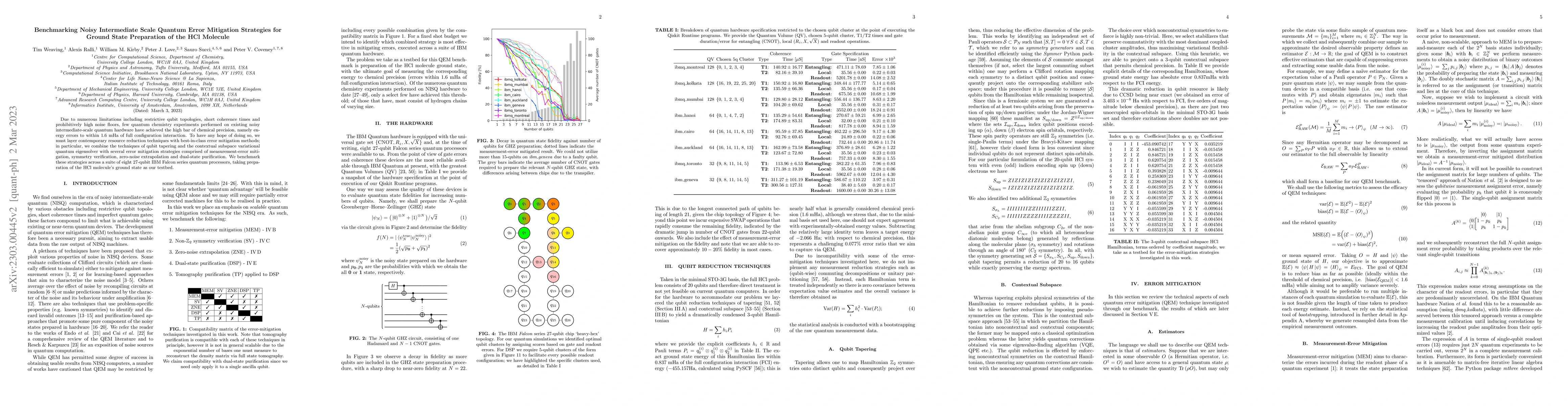 Thumbnail for Benchmarking Noisy Intermediate Scale Quantum Error Mitigation
  Strategies for Ground State Preparation of the HCl Molecule