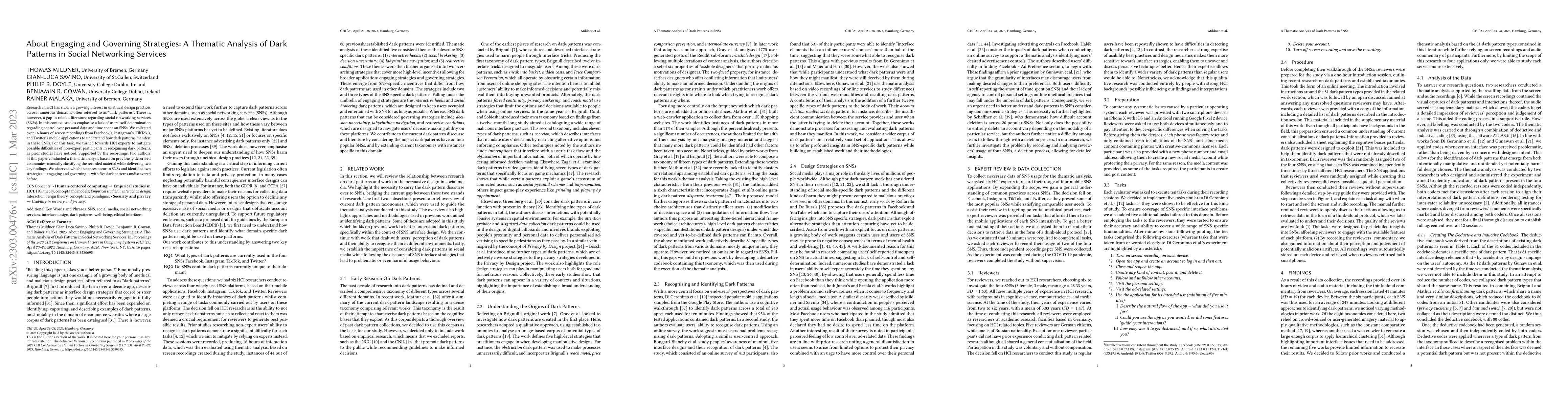Thumbnail for About Engaging and Governing Strategies: A Thematic Analysis of Dark
  Patterns in Social Networking Services