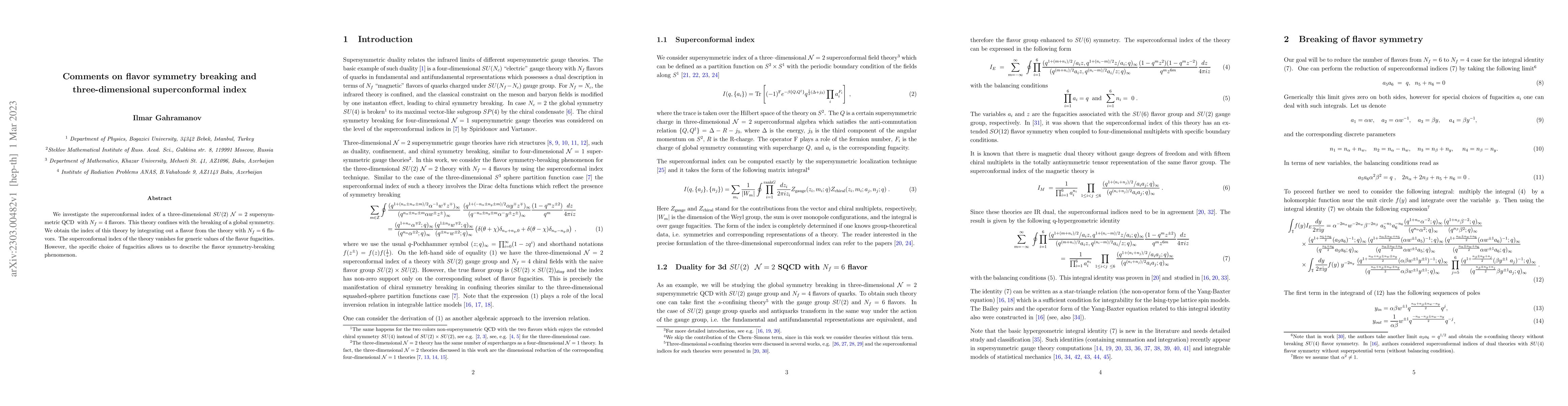 Thumbnail for Comments on flavor symmetry breaking and three-dimensional
  superconformal index
