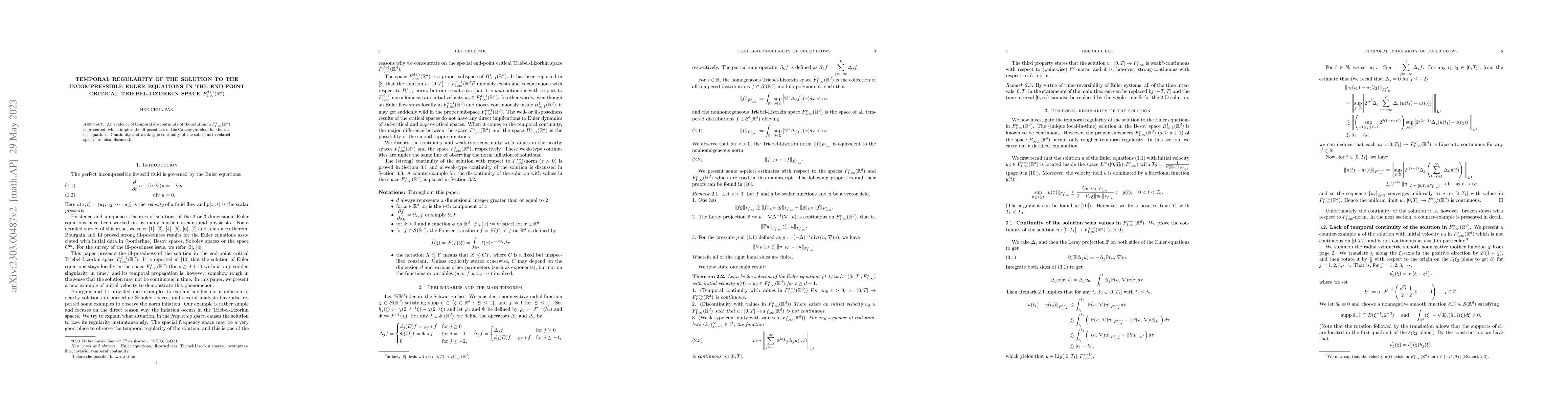 Thumbnail for Temporal regularity of the solution to the incompressible Euler
  equations in the end-point critical Triebel-Lizorkin space $F^{d+1}_{1,
  \infty}(\mathbb{R}^d)$