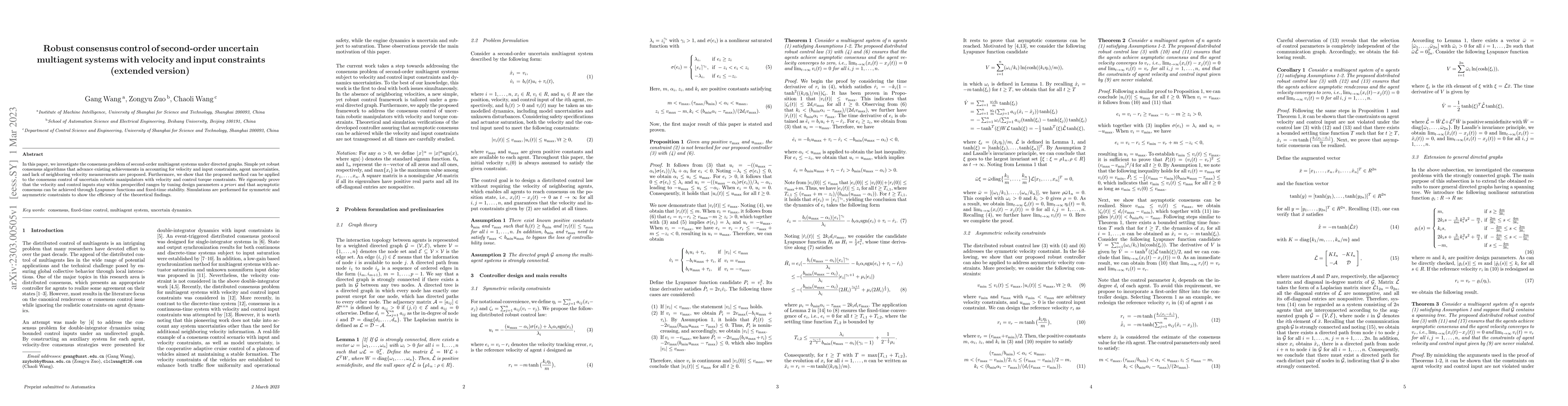Thumbnail for Robust consensus control of second-order uncertain multiagent systems
  with velocity and input constraints (extended version)