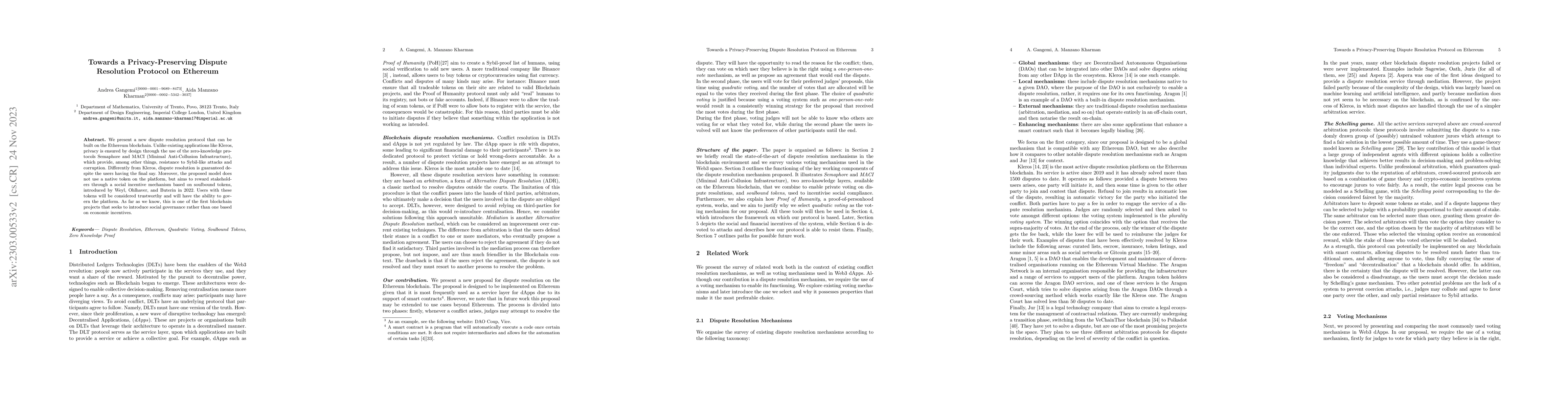 Thumbnail for Towards a Privacy-Preserving Dispute Resolution Protocol on Ethereum